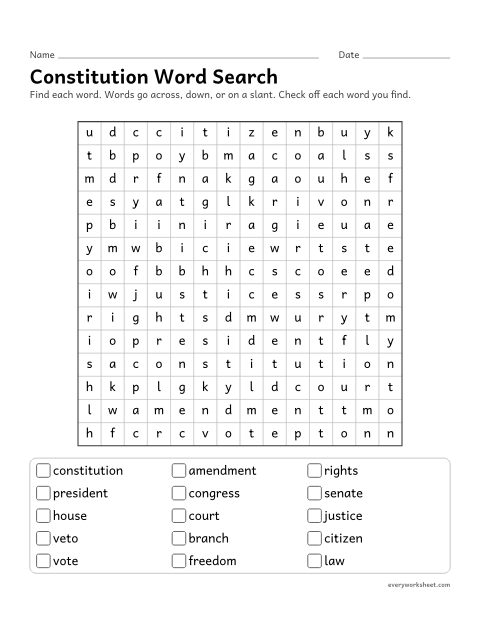 Preview of the printable “Constitution word search” worksheet: reading and finding Constitution and government words (amendment, veto, Senate)