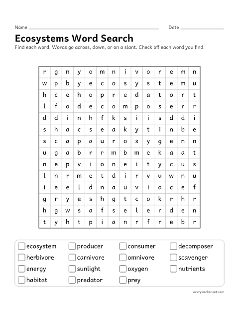 Preview of the printable “Ecosystems word search” worksheet: reading and finding ecosystem words (producer, decomposer, predator)