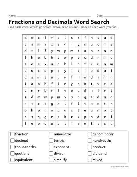 Preview of the printable “Fractions and decimals word search” worksheet: reading and finding 5th grade number words (denominator, thousandths, exponent)