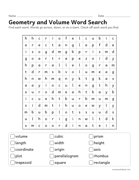 Preview of the printable “Geometry and volume word search” worksheet: reading and finding geometry, volume, and graphing words (prism, coordinate, axis)