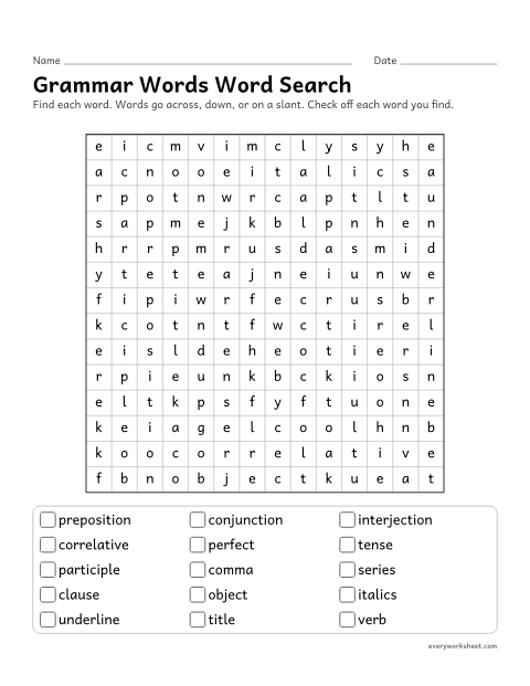 Preview of the printable “Grammar words word search” worksheet: reading and finding 5th grade grammar words (preposition, interjection, perfect)
