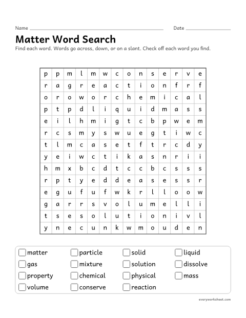 Preview of the printable “Matter word search” worksheet: reading and finding matter words (particle, mixture, solution)
