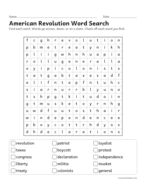 Preview of the printable “American revolution word search” worksheet: reading and finding American Revolution words (patriot, independence, boycott)