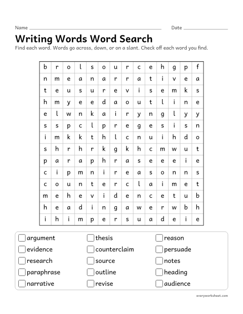 Preview of the printable “Writing words word search” worksheet: reading and finding argument and research words (thesis, source, counterclaim)