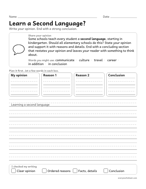 Preview of the printable “Learn a second Language?” worksheet: providing a concluding section related to the opinion presented