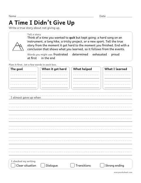 Preview of the printable “A time I Didn't give up” worksheet: writing a true narrative with a conclusion that follows from the events
