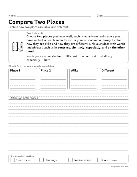 Preview of the printable “Compare two places” worksheet: linking ideas within and across categories of information with words such as in contrast and especially