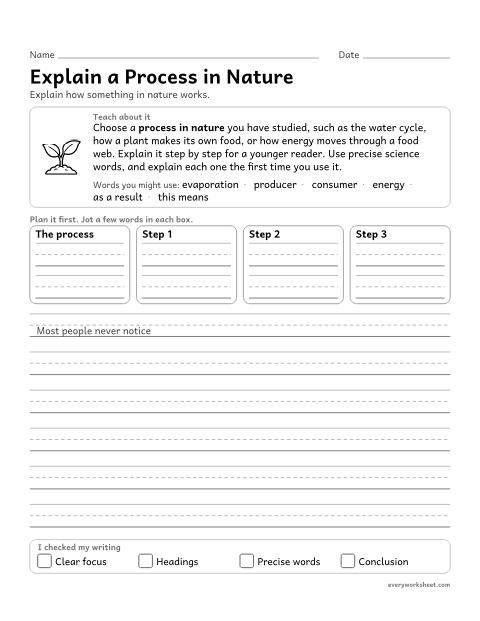 Preview of the printable “Explain a process in nature” worksheet: using precise language and domain-specific vocabulary to explain a process