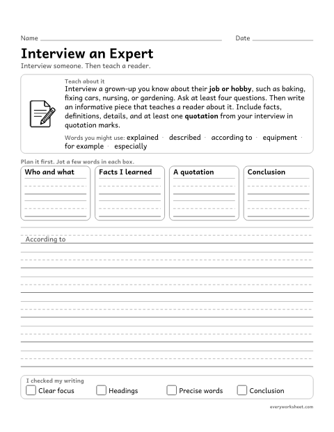 Preview of the printable “Interview an expert” worksheet: developing a topic with facts, definitions, details, and quotations from an interview