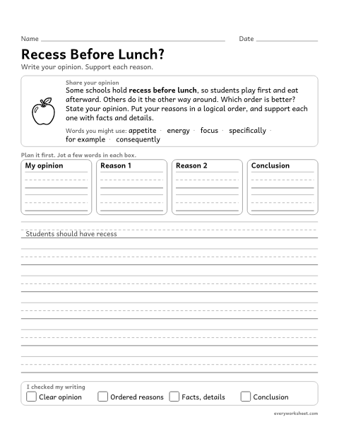 Preview of the printable “Recess before Lunch?” worksheet: providing logically ordered reasons supported by facts and details