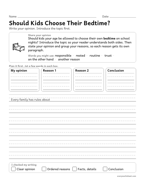 Preview of the printable “Should kids choose their Bedtime?” worksheet: introducing a topic, stating an opinion, and grouping reasons in a logical structure