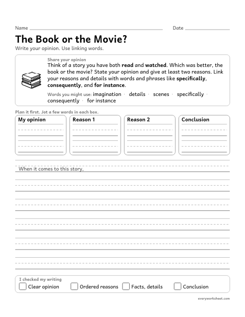 Preview of the printable “The book or the Movie?” worksheet: linking an opinion and reasons with words, phrases, and clauses such as consequently and specifically