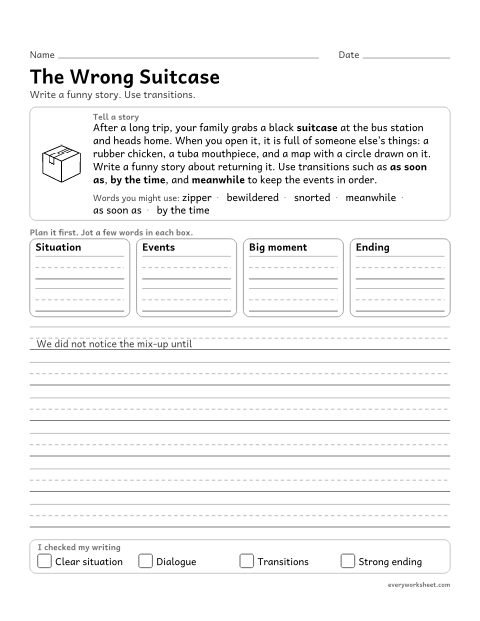 Preview of the printable “The wrong suitcase” worksheet: using a variety of transitional words, phrases, and clauses to manage the sequence of events