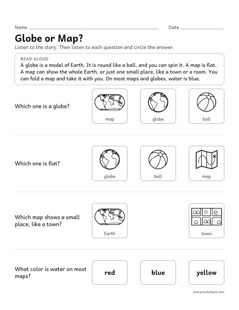 Preview of the printable “Globe or Map? Read-Aloud questions” worksheet: telling a globe from a map and what each one shows