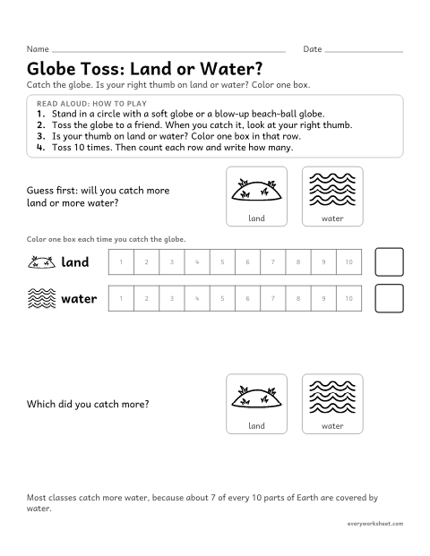Preview of the printable “Globe Toss: land or water graph” worksheet: collecting and graphing data with a globe to see that Earth has more water than land
