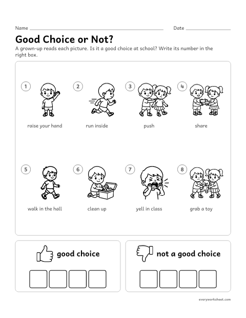 Preview of the printable “Good choices sort” worksheet: telling good choices at school from choices that break the rules