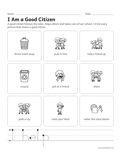 Preview of the printable “Good citizen worksheet” worksheet: spotting actions that show a good citizen at school