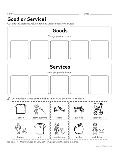 Preview of the printable “Goods and services cut and paste” worksheet: sorting pictures into goods and services