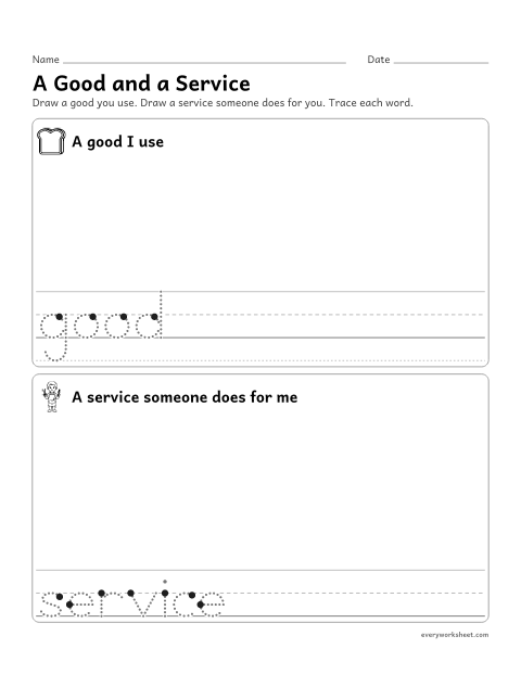 Preview of the printable “Goods and services drawing page” worksheet: drawing and naming a good and a service from their own life