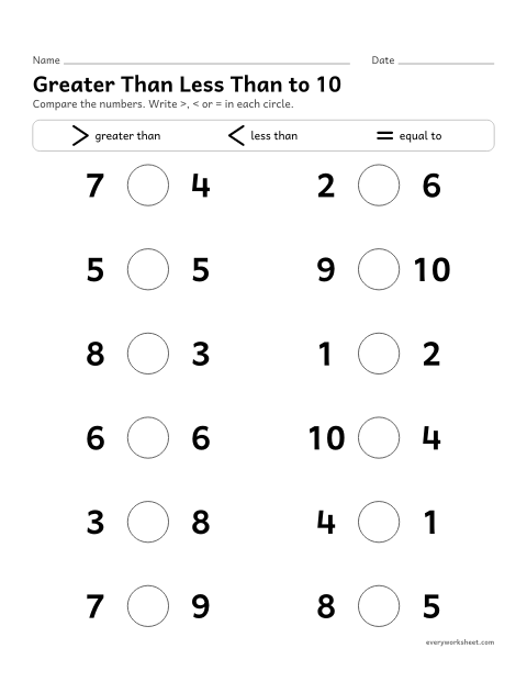 Preview of the printable “Greater than less than to 10” worksheet: comparing numbers to 10 with >, < and =