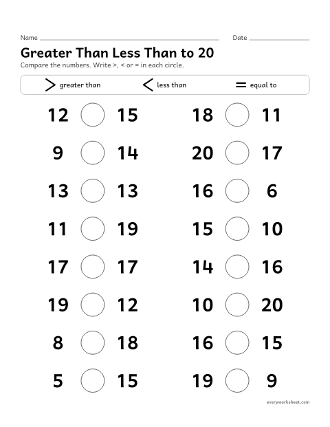 Preview of the printable “Greater than less than to 20” worksheet: comparing numbers to 20 with >, < and =