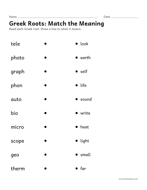 Preview of the printable “Greek Roots: match the meaning” worksheet: matching ten Greek roots to their meanings