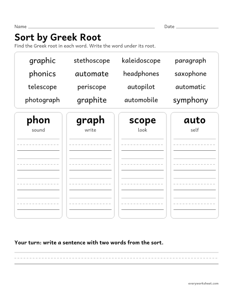 Preview of the printable “Sort by greek Root: phon, graph, scope, auto” worksheet: sorting words by their Greek root
