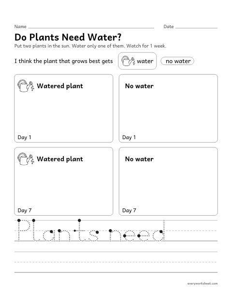 Preview of the printable “Plant Experiment: water or no Water?” worksheet: testing whether plants need water and recording the results