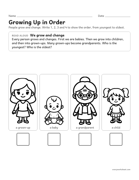 Preview of the printable “Growing up in order” worksheet: putting the stages of a person's life in order (baby, child, grown-up, grandparent)