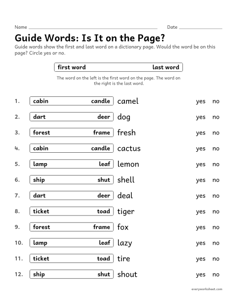 Preview of the printable “Guide Words: is it on the Page? set A” worksheet: using guide words to tell whether a word is on a dictionary page