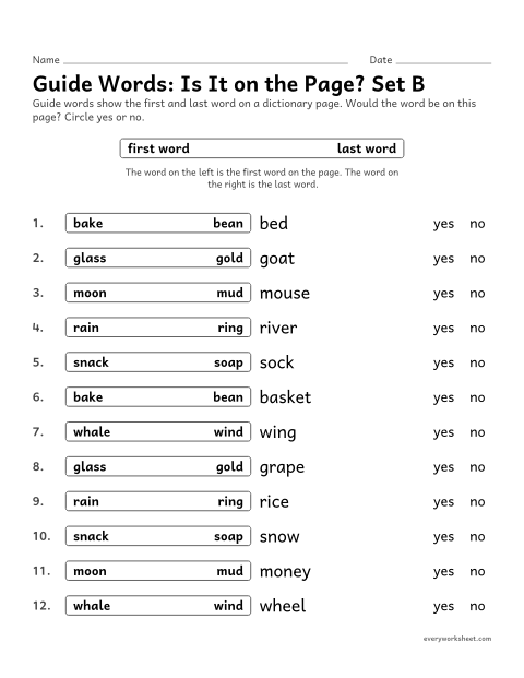 Preview of the printable “Guide Words: is it on the Page? set B” worksheet: using guide words to tell whether a word is on a dictionary page