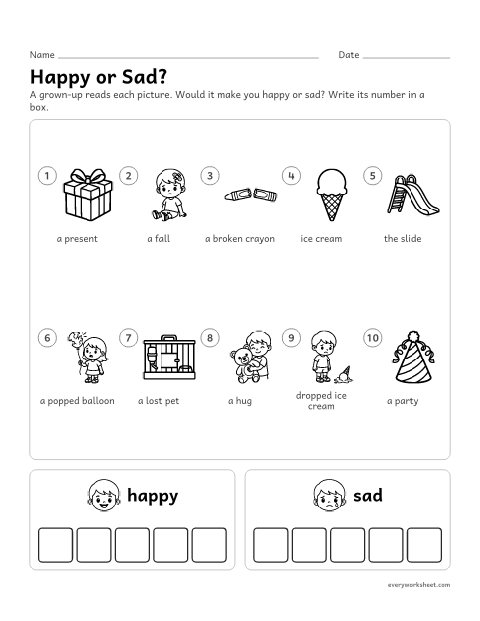 Preview of the printable “Happy or sad sort” worksheet: sorting everyday events by the feeling they cause
