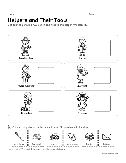 Preview of the printable “Community helpers and their tools cut and paste” worksheet: matching community helpers to the tools and vehicles they use