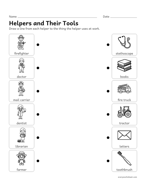Preview of the printable “Community helpers and their tools matching” worksheet: matching community helpers to the tools and vehicles they use
