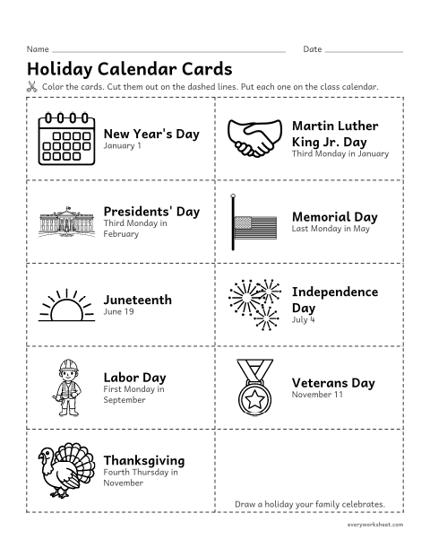 Preview of the printable “National holiday calendar cards” worksheet: coloring holiday cards and placing them on a class calendar