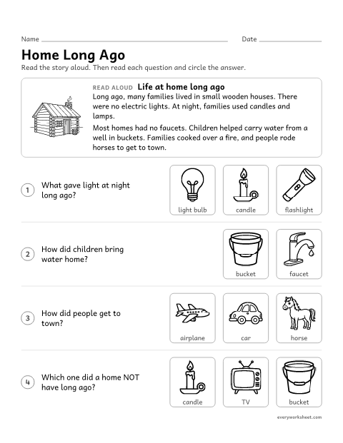 Preview of the printable “Home long ago Read-Aloud” worksheet: listening to a story about home life long ago and comparing it with home life today