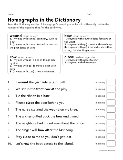 Preview of the printable “Homographs in the dictionary” worksheet: using dictionary entries to choose the meaning and pronunciation of a homograph