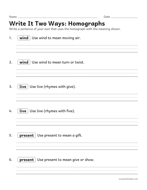 Preview of the printable “Homographs: write it two ways” worksheet: writing sentences that use each meaning of a homograph