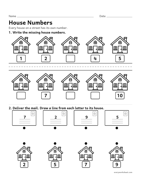 Preview of the printable “House Numbers: deliver the mail” worksheet: writing missing house numbers in order (1 to 10) and matching numbers to deliver mail