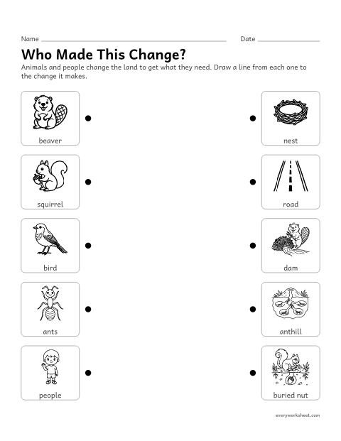 Preview of the printable “How animals change their Environment: match” worksheet: matching animals and people to the ways they change their environment