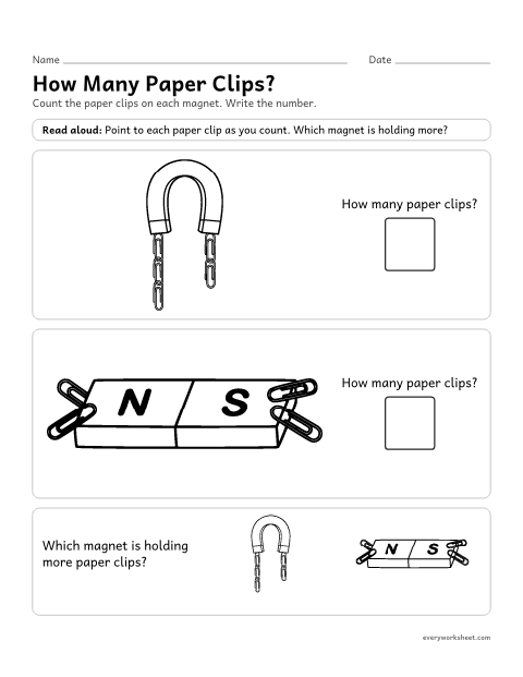 Preview of the printable “Magnet paper clip count” worksheet: counting what a magnet holds