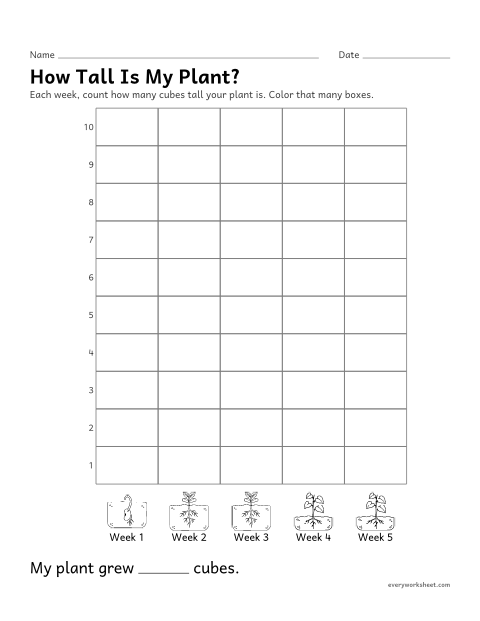 Preview of the printable “How tall is my bean Plant? graph” worksheet: measuring a plant with cubes and graphing its height over time