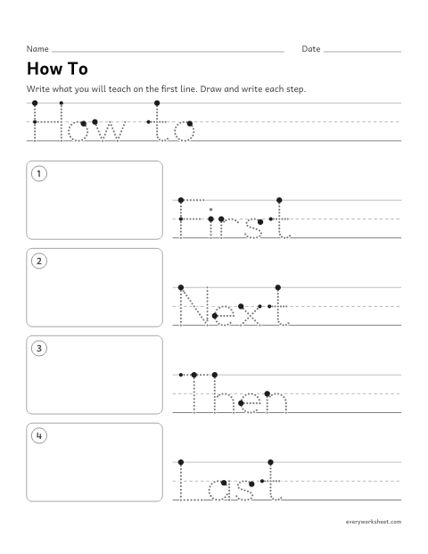 Preview of the printable “How to writing page (Any Topic)” worksheet: naming a topic and telling its steps in order
