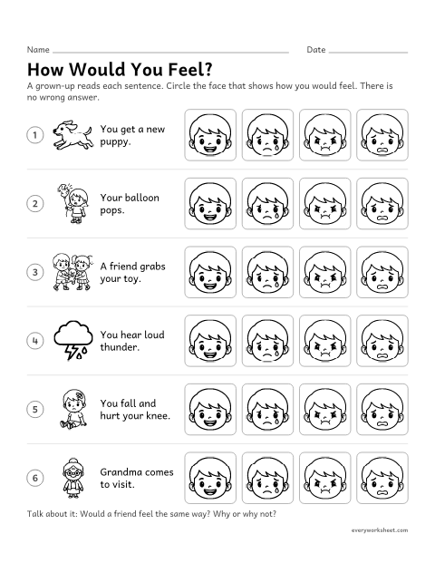 Preview of the printable “How would you Feel?” worksheet: naming how I would feel and comparing my feelings with a friend's