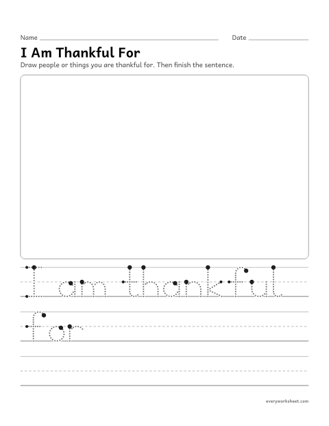 Preview of the printable “I am thankful for” worksheet: drawing and writing about what I am thankful for