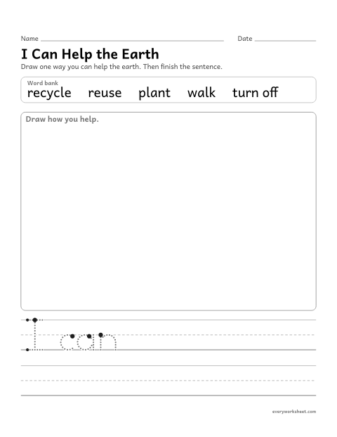 Preview of the printable “I can help the earth drawing and writing page” worksheet: sharing a way to help the earth with a drawing and words