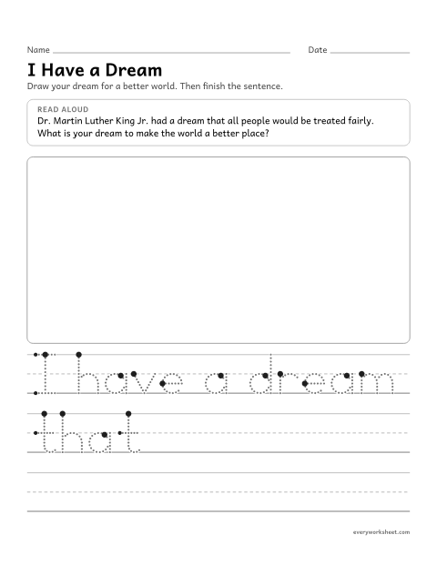 Preview of the printable “I have a dream writing page” worksheet: drawing and writing about a dream for a kinder, fairer world
