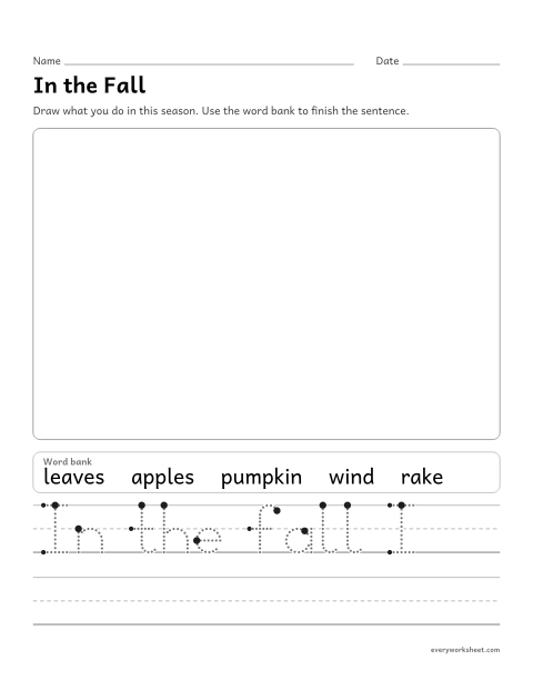 Preview of the printable “In the fall writing prompt” worksheet: writing about Fall