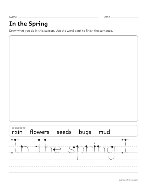 Preview of the printable “In the spring writing prompt” worksheet: writing about Spring