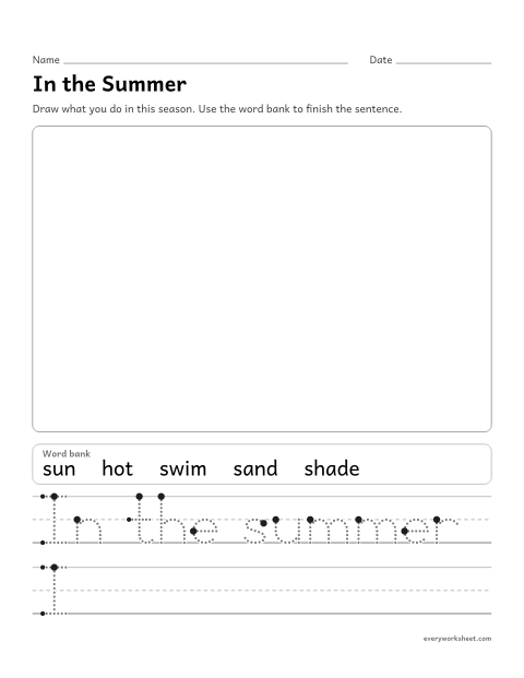 Preview of the printable “In the summer writing prompt” worksheet: writing about Summer